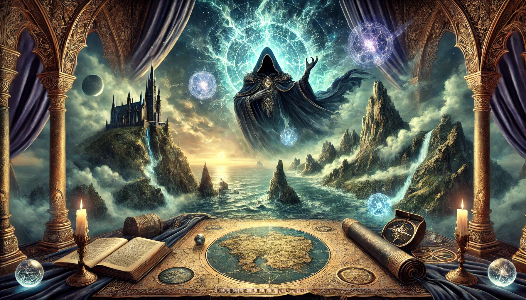 A mystical, high-fantasy scene featuring a floating hooded figure conjuring glowing arcane symbols over a vast ocean. A castle sits atop a waterfall-laden mountain in the distance, while a detailed map, candles, and magical artifacts rest on an ornate table within a grand, arched chamber.