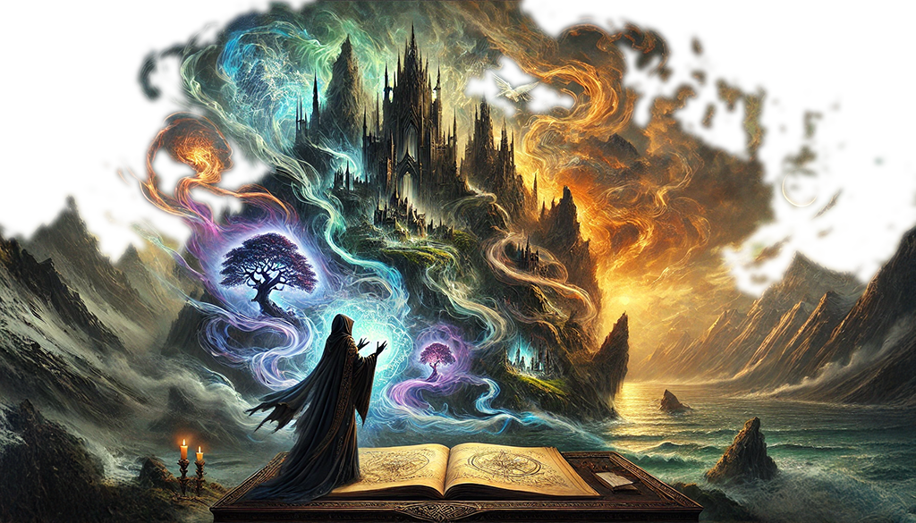 A mystical cloaked figure stands before an open book, summoning swirling magical energies that shape a grand castle atop a towering mountain. Ethereal trees, glowing runes, and streams of vibrant light weave through the scene, illuminating a fantasy realm bathed in both golden sunlight and eerie twilight.