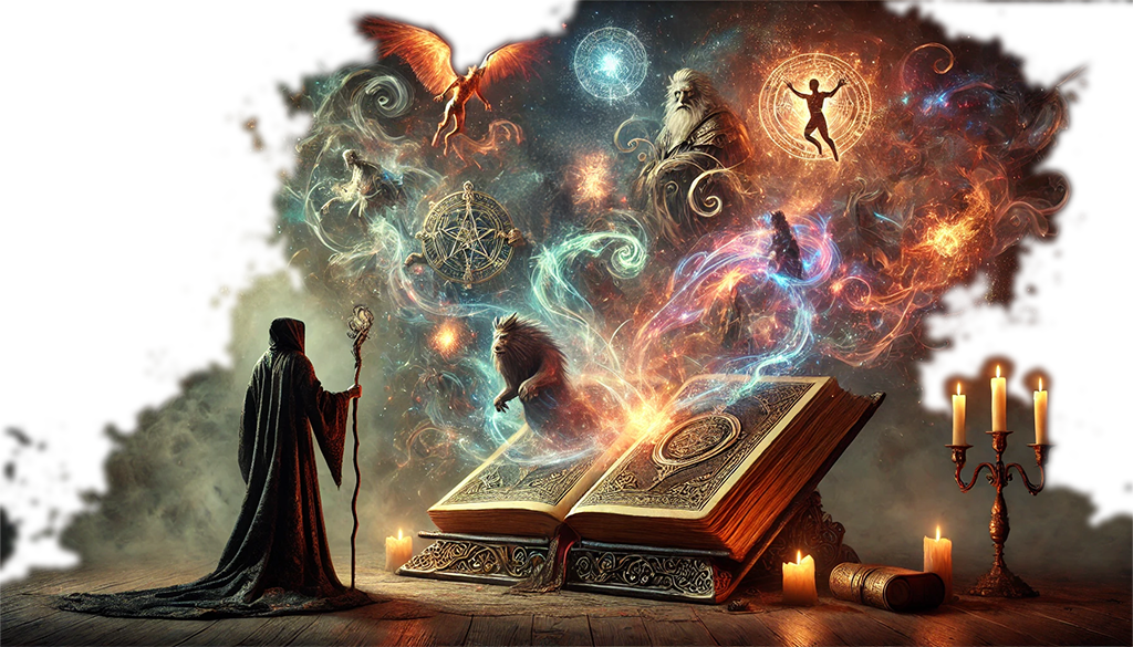 A hooded sorcerer stands before an ancient tome, staff raised, as swirling arcane forces emerge from its pages. Mystical entities—a phoenix, a celestial sage, a warrior encased in a glowing sigil, and a prowling lion—form within the luminous energy, representing the legends and myths within.