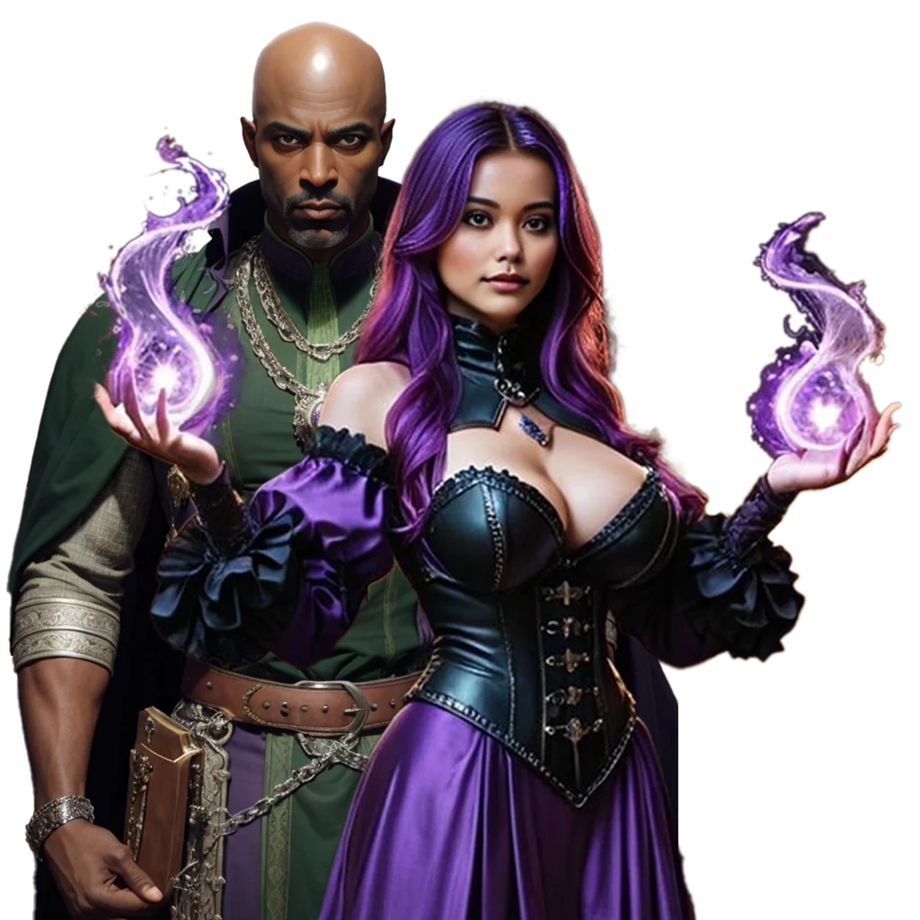 A powerful duo stands within the dimly lit halls of an ancient academy. The man, cloaked in deep emerald robes, holds a tome bound in gold and wields magic with an air of discipline. Beside him, a woman adorned in violet and black commands swirling arcane energy with effortless grace, her presence both alluring and formidable.