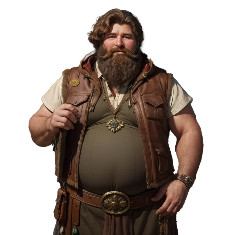 A rotund, bearded merchant leans against a wooden post, his leather vest adorned with trinkets from distant lands. His belt is weighed down by pouches and coin purses, his expression warm yet shrewd as he surveys the bustling market road before him.