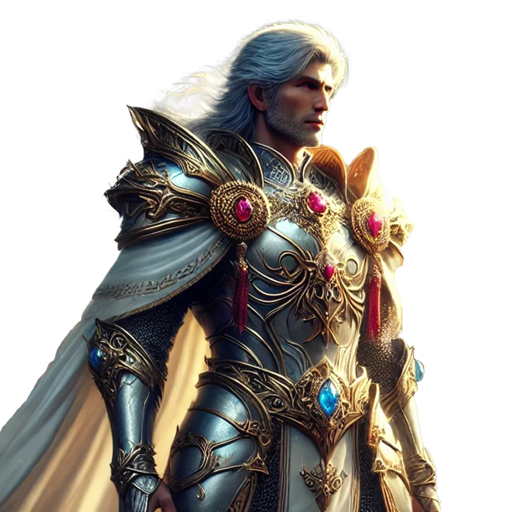 A regal warrior in shining silver and gold armor, adorned with intricate engravings and gemstone embellishments, stands with a commanding presence. A flowing white cape drapes over his shoulders, illuminated by golden light.