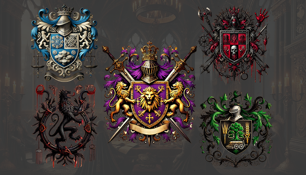 A collection of five noble family crests, each unique in design and symbolism. The central crest is adorned with golden lions and purple banners, while the surrounding crests display motifs of justice, wealth, warfare, and nature. Each emblem represents the legacy and power of a noble house.